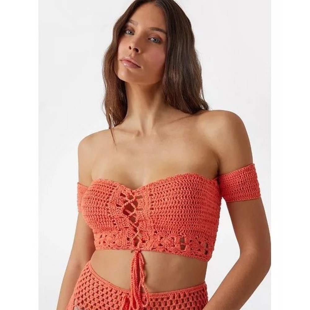 Yarnzins Crochet Lace Up Crop Top Womens S Coral Pink Off Shoulder Cottagecore